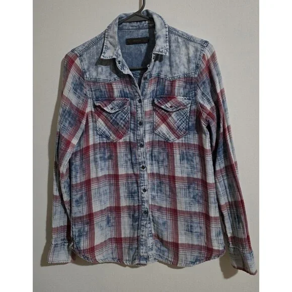 Pull & Bear Women's Small Plaid Western Button Up Flannel Lined Shirt Top Denim - Picture 2 of 16